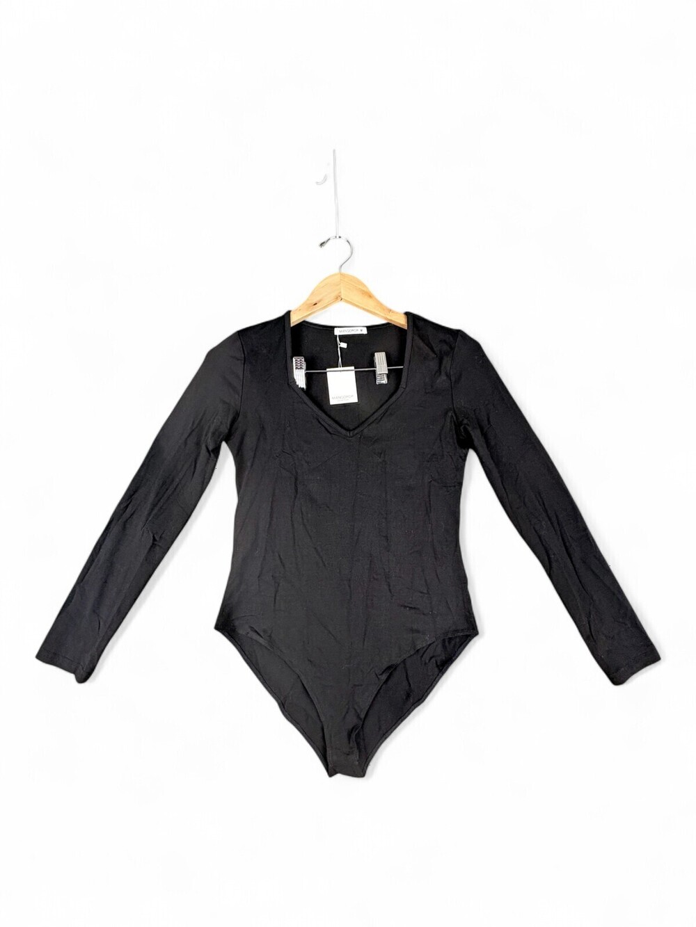 Mangopop V-Neck Long Sleeve Bodysuit M -‎ Black